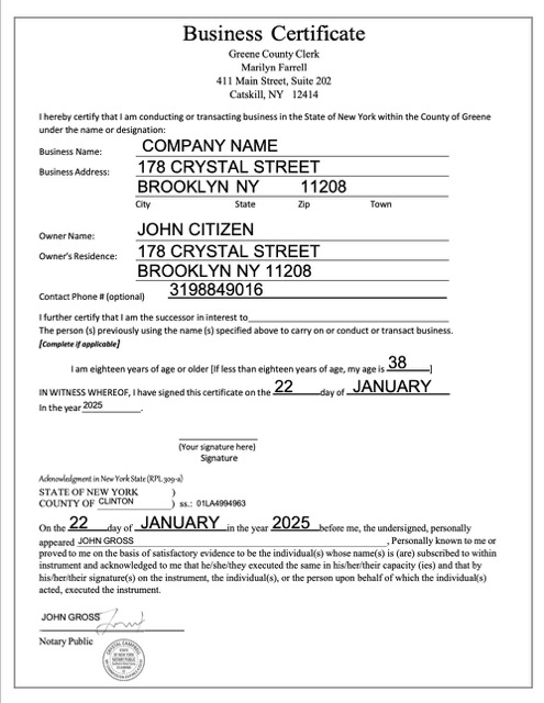 USA New York business certificate Word and PDF template